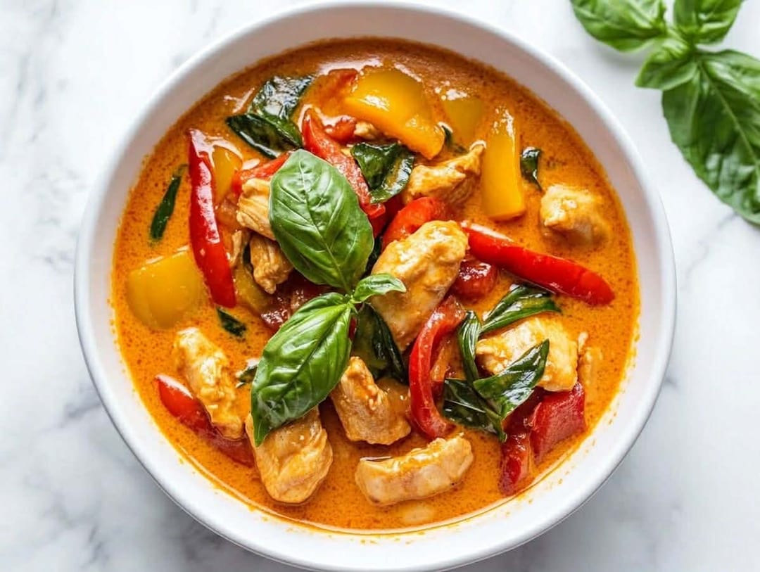 Curry rojo de pollo con albahaca tailandesa y pimiento