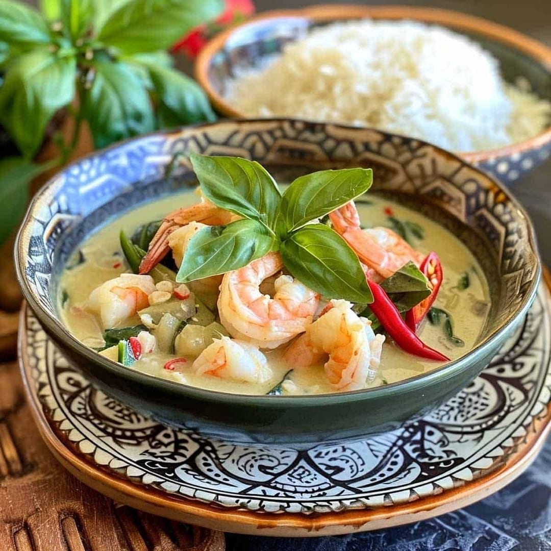 Curry verde de langostinos en cuenco de cerámica azul, con arroz jazmín